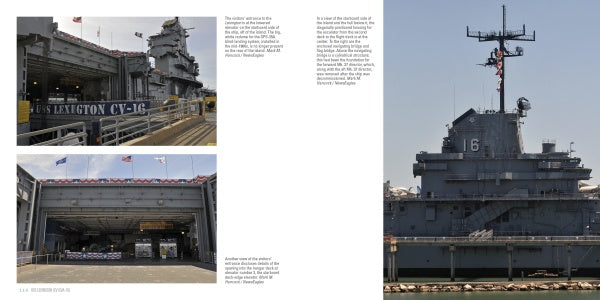 A collage of WWII aircraft carrier USS Lexington (CV/CVA-16) by Schiffer Publishing, Ltd.: left shows the entrance, right shows the control tower with “16,” and bottom left highlights an interior with flags above the entryway.