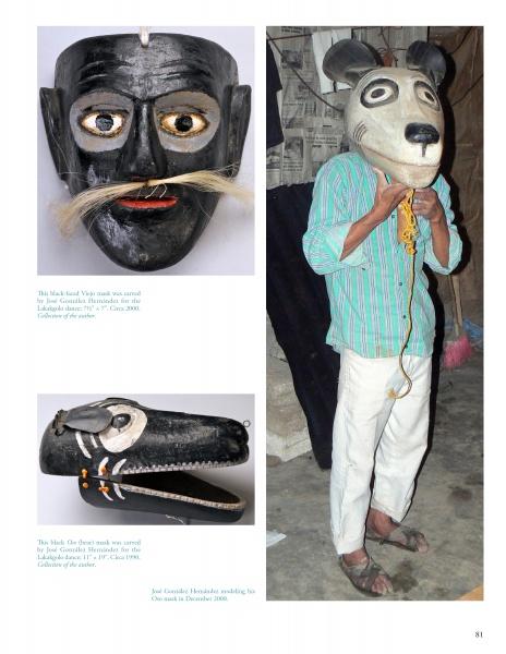 Collage of three images from "Mexican Masks and Puppets" by Schiffer Publishing, Ltd.: bull and dog Sierra de Puebla masks with mustaches and painted details, plus a person in a striped shirt adjusting a mouse mask, evoking Mexican masked dances.