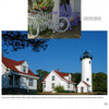A white bike with a basket rests by a porch with purple chairs as West Chop Lighthouse rises beside red-roofed houses—an inviting moment from "Martha’s Vineyard Perspectives" by Schiffer Publishing, Ltd.
