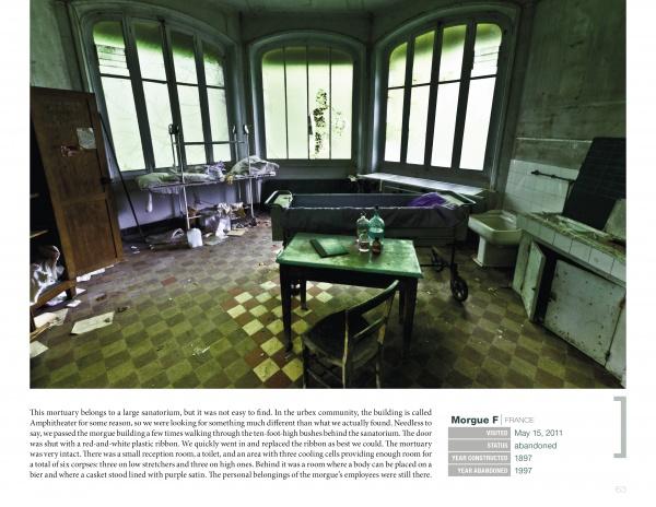 Experience "The World of Urban Decay" by Schiffer Publishing, Ltd.—a visual journey through dim, abandoned morgues with peeling paint, rusted equipment, and broken furniture bathed in eerie sunlight, perfect for lovers of urban exploration photography.