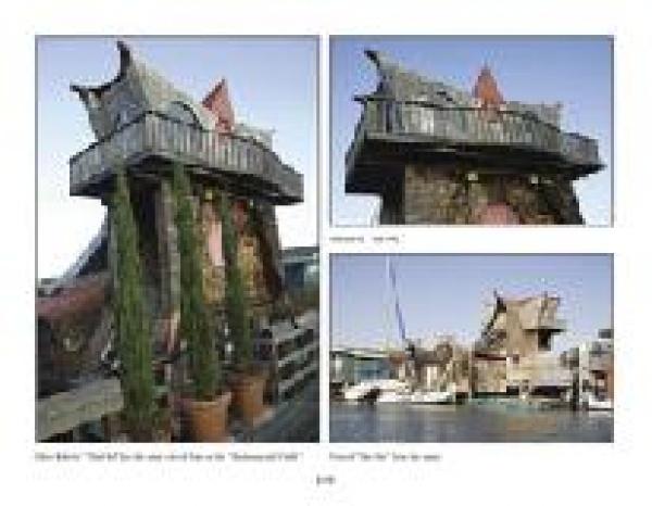 Three photos from Schiffer Publishing, Ltd.'s "Houseboats" show a whimsical home with an uneven roof and unique architecture, surrounded by tall plants and stone walls; its balcony overlooks water under a clear sky.