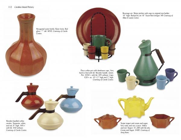 A catalog page displays Catalina Island Pottery and Tile from Schiffer Publishing, Ltd., featuring pitchers, teapots, and mugs in bold hues—vintage island-made wares crafted by Catalina Clay Products—on a white background.