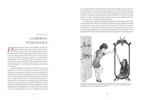 A two-page spread from Demons by Schiffer Publishing, Ltd.: Left page shows Chapter 12: Gathering Intelligence with opening text; right page features art of a demon hunter examining a girl inside an ornate mirror.