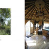 A two-page spread from "Tree Houses Reimagined" by Schiffer Publishing, Ltd. features a circular wooden treehouse among green trees on the left, and cozy, wood-paneled interiors with large windows and built-in seating on the right.