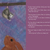 A small opossum hangs upside down from a branch, watching a brown rabbit below against a dreamy purple-blue backdrop. Text on the right shows several animals discussing bedtime stories in "Rupert's Tales: A Book of Bedtime Stories" by Schiffer Publishing, Ltd.