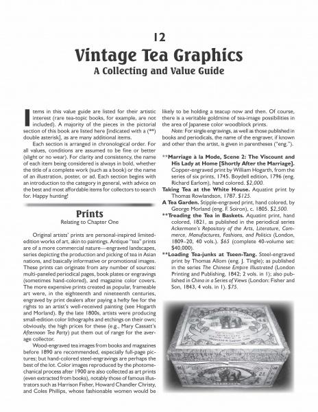 A book page titled "Tea Art" from Schiffer Publishing, Ltd., featuring information about tea collectible art and collecting, with an ornate tea box illustrated at the bottom, showing people depicted on its design.