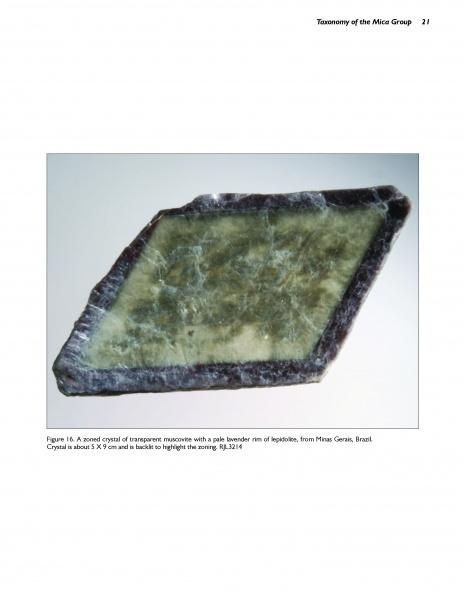 Published by Schiffer Publishing, Ltd., the "Collector's Guide to the Mica Group" covers mica minerals, including transparent muscovite with lavender lepidolite rims, typically seen as flat, irregular crystals about 9 x 5 cm.