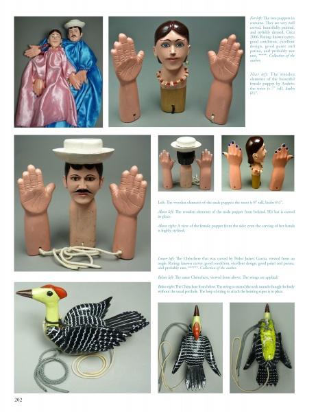 A collage of vintage hand puppets—painted faces, mustaches, hats, and bird-shaped string puppets—reflects the artistry featured in "Mexican Masks and Puppets" by Schiffer Publishing, Ltd., inspired by Mexican carving and masked dance traditions.