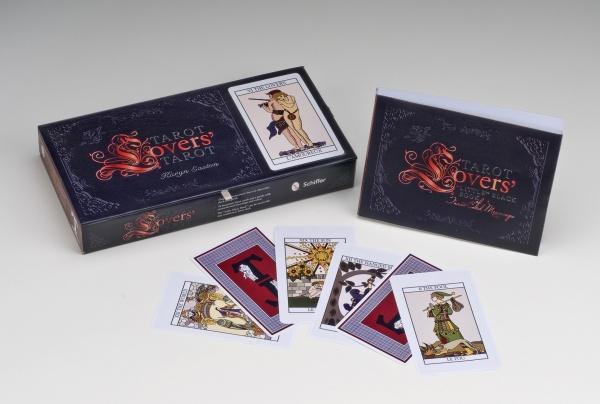 The Tarot Lovers’ Tarot by Schiffer Publishing, Ltd. features an open box, booklet, and vibrant cards displayed on a white background—an ideal deck for exploring tarot card meanings with colorful illustrations and bold designs.
