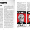 A two-page spread from "Robbie Conal" (Schiffer Publishing, Ltd.): left page—Preface on leading a volunteer art army; right page—about Robbie Conal and two red political posters titled "FOSSIL FOOL" with illustrated elderly men.