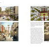 A two-page spread from "Housing and the City" by Schiffer Publishing, Ltd. features four renderings of urban neighborhoods and affordable housing, with descriptive text on the right page.