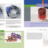 A magazine spread from Wax on Crafts Holiday Projects by Schiffer Publishing, Ltd. shows a blue Christmas wreath and Trick or Treat sign on the left page, and a red Halloween candle with wax art steps on the right—ideal for festive crafts.