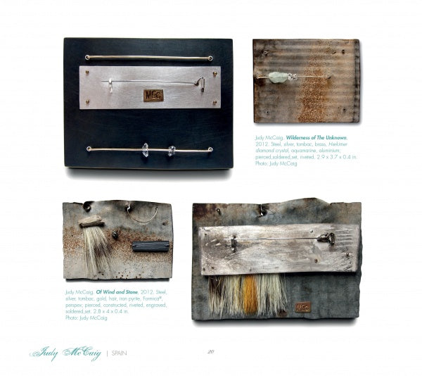 Four rectangular mixed-media artworks shown in "Behind the Brooch" by Schiffer Publishing, Ltd. feature metal, wire, and brush-like textures on wood, blending industrial and organic elements with hidden jewelry details in abstract forms.