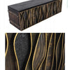 The Paul Evans sideboard by Schiffer Publishing, Ltd. features a sculptural undulating front in wood and metal. Close-up details highlight the intricate textures and patterns within its curving vertical sections.