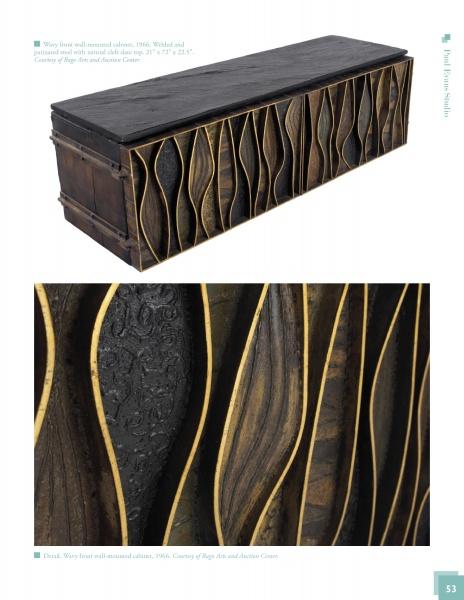The Paul Evans sideboard by Schiffer Publishing, Ltd. features a sculptural undulating front in wood and metal. Close-up details highlight the intricate textures and patterns within its curving vertical sections.