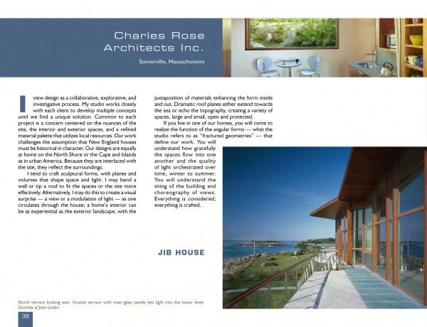 A modern house with glass walls and a wooden deck reflects the innovative home design featured in "Contemporary Boston Architects" by Schiffer Publishing, Ltd.