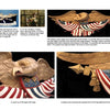A collage features Bellamy-style eagle carvings from "How to Carve Bellamy Eagles" by Schiffer Publishing, Ltd., with detailed close-ups of the eagle and U.S. flag, plus informative text on woodcarving patterns and project details.