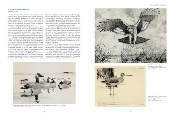 A two-page spread from Schiffer Publishing, Ltd.'s "Art From Cape Cod" features text on Cape Cod artist Frank Weston Benson on the left and three black-and-white bird illustrations—waterfowl and shorebirds—in natural settings on the right.