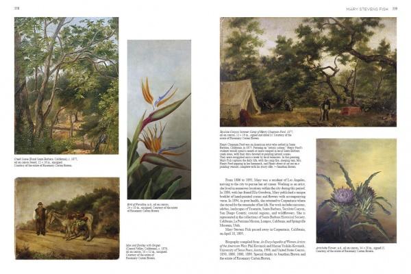 A spread from "Emerging from the Shadows, Vol. II" by Schiffer Publishing, Ltd. showcases five works by California women artists—forest scenes, a campsite, figures with plants, and close-ups of bird of paradise and thistle, with captions and artist credits.
