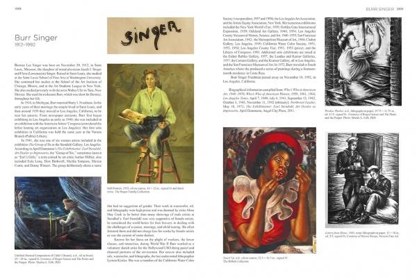 A two-page magazine spread showcases Burr Singer with six artwork images—portraits, a woman applying makeup, and a painter—highlighting her feature in *Emerging from the Shadows, Vol. IV* by Schiffer Publishing, Ltd.