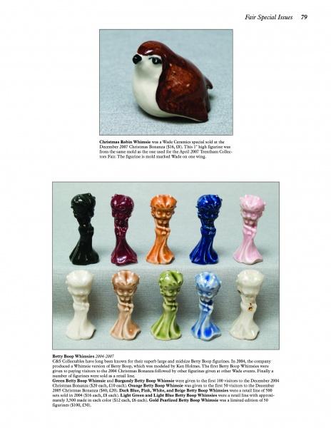 A white ceramic quail figurine sits above two rows of ten glossy The World of Wade Whimsies mini Betty Boop collectibles by Schiffer Publishing, Ltd., in assorted colors, displayed on a white background.