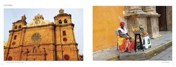 Left: The historic twin-towered church stands tall. Right: A woman in a vibrant dress sits by a fruit-laden table against a yellow wall, capturing the adventure of global travel in "Seven Continents" from Schiffer Publishing, Ltd.