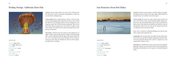 Two pages from "How Did You Get That Shot?" by Schiffer Publishing, Ltd. display vivid photography—a swing ride at sunset on the left, San Francisco’s sunrise skyline on the right—each page sharing location info and pro techniques.
