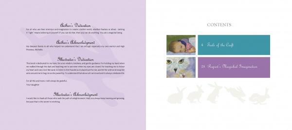 A book spread from "Rupert's Tales: Learning Magick" by Schiffer Publishing, Ltd. shows a lavender dedication page in cursive and a white Contents page with colorful section boxes, plus small baby and cat images—ideal for inspiring magical imagination.