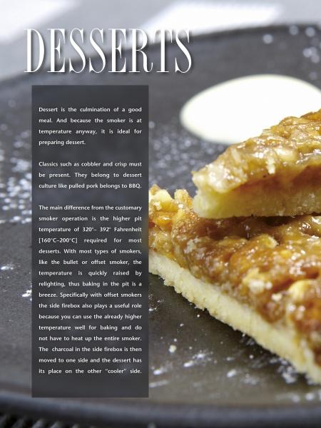 A close-up of a dessert bar with a crumbly, nutty topping on a plate. Beside it, a text box titled "Desserts" highlights how The Big Smoker Book by Schiffer Publishing, Ltd. turns barbecue recipes into sweet treats with smoking techniques.