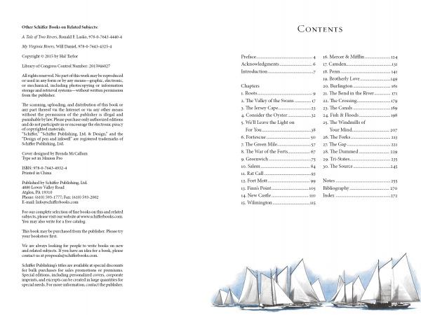 An open book from Schiffer Publishing, Ltd.'s "The Illustrated Delaware River" shows the copyright page and table of contents, with illustrated sailboats—perfect for exploring the river's history and stories.