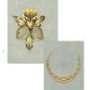 Monet by Schiffer Publishing, Ltd. features two hand-drawn vintage jewelry designs on gray paper: a gold flower brooch with textured petals and an elegant gold necklace with geometric patterns.