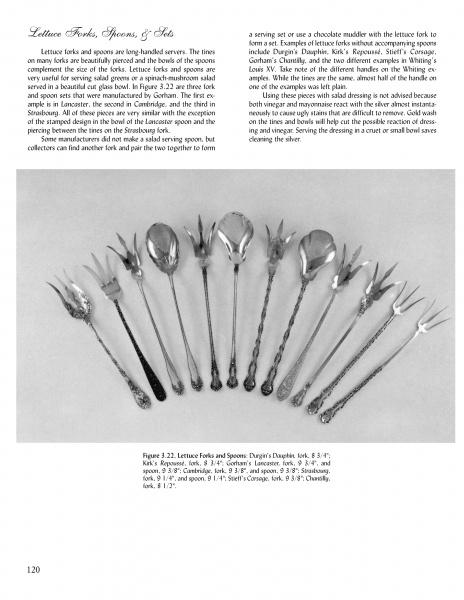 Sterling Silver Flatware For Dining Elegance by Schiffer Publishing, Ltd. is displayed in a row, showcasing ornate Victorian and Edwardian lettuce forks and spoons, with a descriptive text block positioned above and to the left.