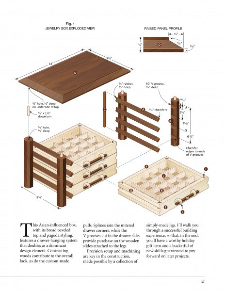 Exploded view diagram from "Home Woodworker Series: 14 Wooden Boxes You Can Make" by Schiffer Publishing, Ltd. shows labeled parts and compartments with technical notes and instructions, highlighting key design features for box making.