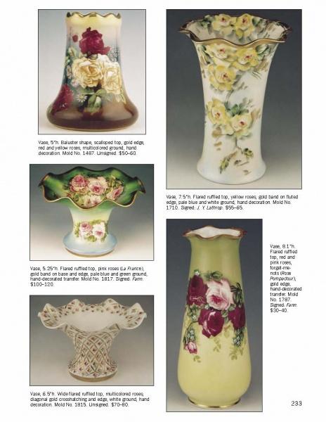 A catalog page displays five Royal Austria Porcelain vases by Schiffer Publishing, Ltd., each with ruffled tops and colorful floral designs; below each vase are short descriptions and prices.