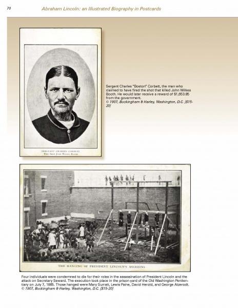 A black and white historical page from Schiffer Publishing, Ltd.'s "Abraham Lincoln" shows a bearded man’s portrait above a scene of four people hanged as crowds watch, with captions detailing figures in Lincoln’s assassination.