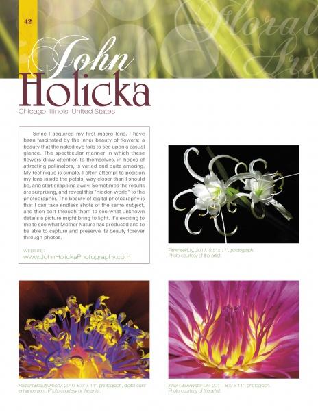 A magazine page highlights "Flowers in Art" by Schiffer Publishing, Ltd., featuring two vivid macro floral photos and a short bio on artist John Holicka’s passion for capturing nature’s intricate beauty.