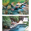 Top: A compact stone hot tub with fire feature amidst rocks and greenery. Bottom: A slim backyard pool with rock waterfall and tropical landscaping—both featured in Scott Cohen's Poolscapes by Schiffer Publishing, Ltd.