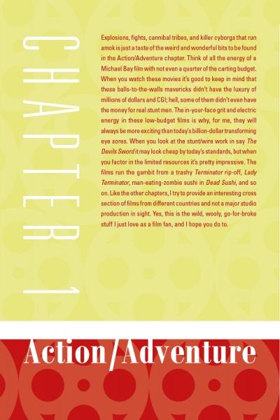 A book page from The Ultimate Guide to Strange Cinema by Schiffer Publishing, Ltd. displays "CHAPTER 1" vertically on yellow, with a genre guide on action/adventure films above a red Action/Adventure banner at the bottom.