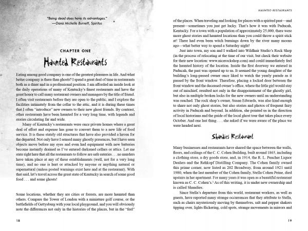 Two pages from "Kentucky Haunts" by Schiffer Publishing, Ltd.: the left introduces Chapter One, "Haunted Restaurants," with a witty quote on being dead; the right describes spooky stories from haunted restaurants across Kentucky.