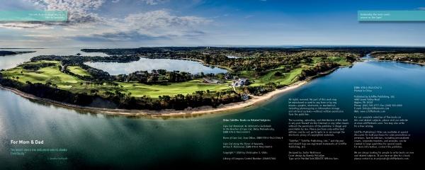Art from above Cape Cod by Schiffer Publishing, Ltd. features stunning drone photography of a lush golf course on a narrow peninsula surrounded by water, with green fairways, trees, and buildings under a clear blue sky.