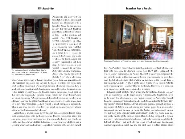 A page from "Ohio's Haunted Crimes" by Schiffer Publishing, Ltd. shows a staircase and table, capturing the mysterious atmosphere typical of Ohio ghost stories.