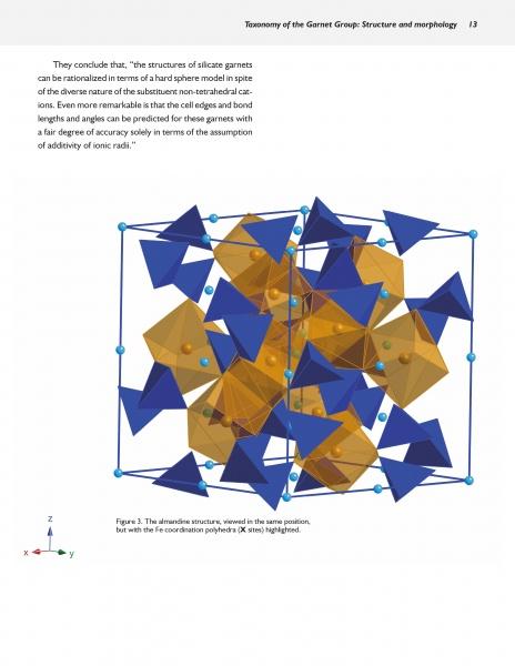 An illustration from "Collector's Guide to the Garnet Group" (Schiffer Publishing, Ltd.) shows interconnected blue tetrahedra and orange polyhedra of garnet’s silicate structure with labeled x, y, z axes in the bottom left corner.