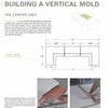 A magazine page from "Making Concrete Countertops with Buddy Rhodes" by Schiffer Publishing, Ltd. shows vertical mold instructions with a plan view diagram and photos of hands measuring materials using a ruler and T-square.