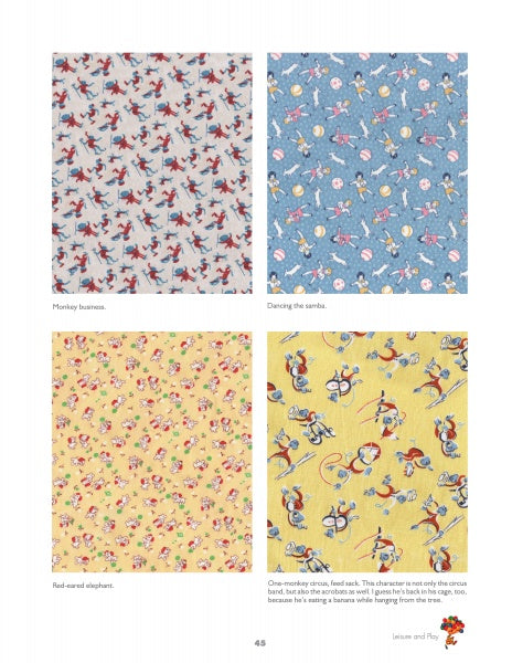Vintage Children's Fabrics by Schiffer Publishing, Ltd. features four playful swatches: monkeys on gray, dancing figures on blue, red-eared elephants on yellow, and monkeys eating bananas on yellow, all with whimsical vintage charm.