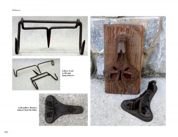 Yesterday's Farm Tools & Equipment by Schiffer Publishing, Ltd. features vintage metal tobacco lifters and a mounted press on wood, showcasing authentic American farm life tools displayed at the Landis Valley Museum.