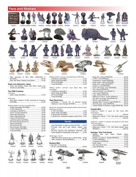 Catalog page featuring The Star Wars Super Collector's Wish Book by Schiffer Publishing, Ltd., with item codes, prices, detailed descriptions, and collectible merchandise listings for Star Wars fans.