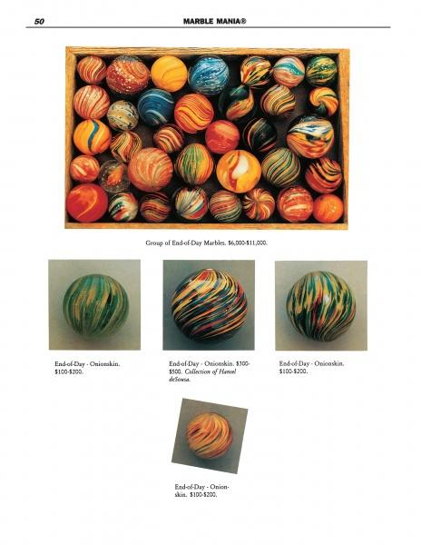 Marble Mania by Schiffer Publishing, Ltd. features a wooden box of colorful marbles above four close-ups with swirled patterns, each labeled for identification and values from $100–$500—perfect for marble collecting fans.