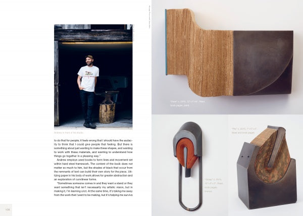 A man stands in a doorway next to a wooden block. On the right, three modern abstract sculptures—representing creative journeys and arts entrepreneurship—promote "Making Good" by Schiffer Publishing, Ltd. against a white background.