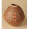 Mata Ortiz Pottery Today by Schiffer Publishing, Ltd. showcases a round, buff Mexican vase with red and black checkerboard patterns and a decorative rim, displayed on a neutral background—ideal for ceramic collectors.
