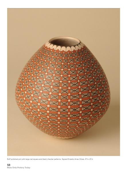 Mata Ortiz Pottery Today by Schiffer Publishing, Ltd. showcases a round, buff Mexican vase with red and black checkerboard patterns and a decorative rim, displayed on a neutral background—ideal for ceramic collectors.